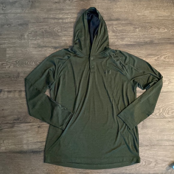 Under Armour 1/4 Zip Snap Up Hooded Long Sleeve Army Green Athlesuire Work Out - Picture 1 of 5